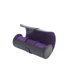 Black leather three-watch travel roll with purple suede lining, shown open