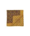 Gold silk pocket square with blue and red medallion print and diamond-motif reverse, folded flat lay