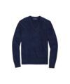 Navy cashmere V-neck sweater with ribbed cuffs and hem, flat lay