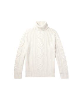 Cream cable knit cashmere rollneck sweater with ribbed collar and cuffs, flat lay