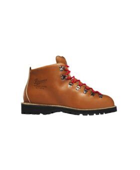 Tan leather mountain hiking boot with red laces and black lug sole, side product view