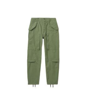 Olive green cotton ripstop cargo trousers with flap pockets and drawcord hems, flat lay