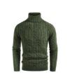 Army green cable knit turtleneck sweater with ribbed collar and cuffs, flat lay on white