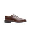 Brown leather longwing brogue derby with perforated detailing and leather sole, side view