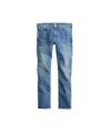 Medium blue faded wash slim-fit denim jeans with five-pocket styling, flat lay
