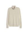 Oatmeal heather cashmere turtleneck sweater with ribbed collar and cuffs, flat lay