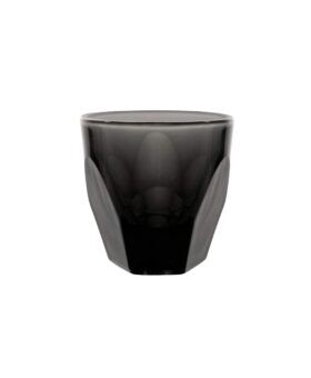 Smoke grey faceted glass cortado tumbler, product shot on white
