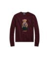 Burgundy heather knit crewneck sweater with intarsia bear in tweed jacket and green trousers, flat lay