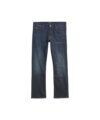 Dark indigo faded straight-leg denim jeans with five-pocket styling, flat lay