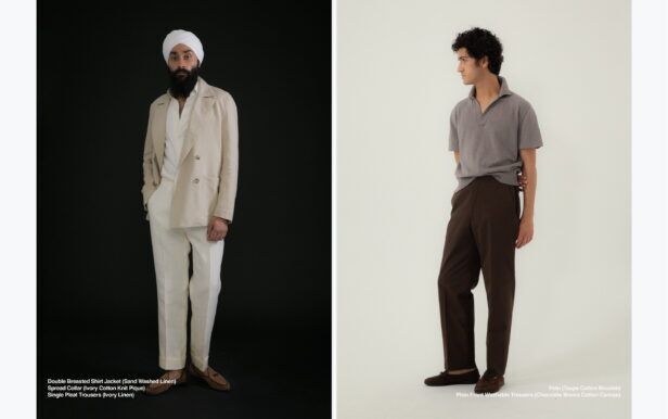 Sand washed linen double-breasted shirt jacket beside a taupe knit polo and brown trousers