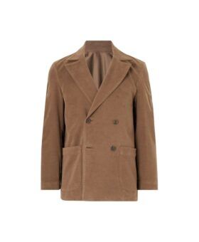 Tan cotton-blend moleskin double-breasted blazer with peak lapels and patch pockets, flat lay