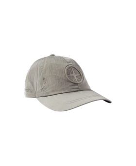 Grey crinkled nylon baseball cap with tonal circular logo patch, product shot