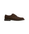 Dark brown suede apron split-toe derby shoe with leather sole, side view product shot