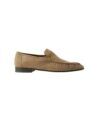 Taupe nubuck slip-on loafer with apron stitched toe and low heel, side profile