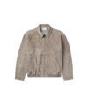 Taupe suede zip-front blouson jacket with point collar and elasticated hem, flat lay
