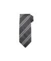 Charcoal grey silk necktie with white and black diagonal stripes, flat lay