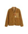 Dark khaki high pile fleece zip jacket with nylon chest pocket and red zipper pulls, flat lay