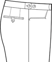 Trouser back pocket option illustration showing a button-through welt pocket and waistband tab, line drawing