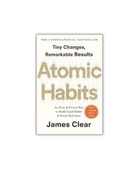 Atomic Habits by James Clear, cream book cover with gold pixelated title, front cover view