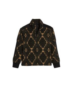 Black and tan diamond-pattern sherpa fleece half-zip pullover with ribbed cuffs, flat lay
