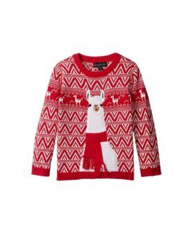 Red and cream Fair Isle Christmas sweater with textured llama and scarf motif, flat lay