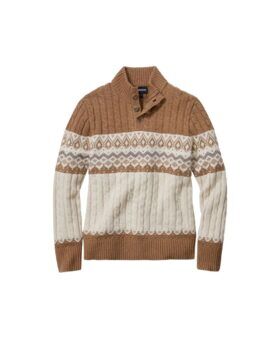 Camel and cream Fair Isle cable-knit popover sweater with three-button mock neck, flat lay