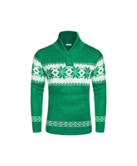 Green and white snowflake Fair Isle knit sweater with shawl collar and button placket, flat lay