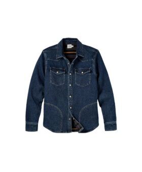 Dark indigo denim western shirt with bone snap buttons, flap chest pockets and plaid-lined placket, flat lay