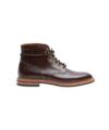 Dark brown leather lace-up plain toe boot with leather welt and stacked heel, side view
