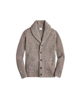 Marled brown ribbed wool shawl collar cardigan with patch pockets and brown buttons, flat lay