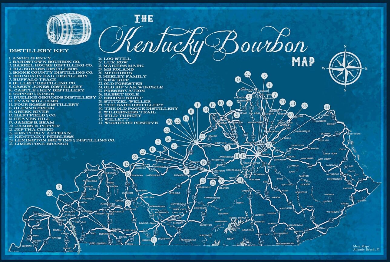 Kentucky Bourbon Map print in blue and white, with numbered distillery key and compass rose, full view