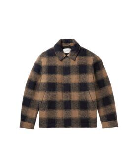 Tan and navy buffalo check wool blend blouson jacket with point collar, flat lay