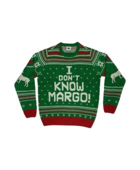 Green knit Christmas sweater with red and white snowflakes and "I Don't Know Margo!" slogan, flat lay