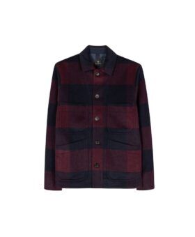 Burgundy and navy buffalo check wool blend chore jacket with patch pockets, flat lay