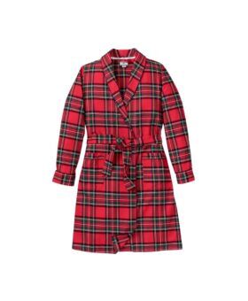 Red imperial tartan flannel robe with shawl collar and tie belt, flat lay