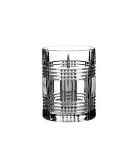 Cut crystal old fashioned glass with plaid-style etched pattern, product shot on white