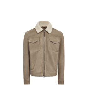 Taupe suede zip-through jacket with cream shearling collar and flap chest pockets, flat lay