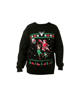 Black crewneck Christmas sweatshirt with red and green dunking Santa and reindeer basketball print, flat lay