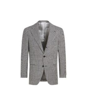 Black and white glen check sport coat with notch lapels and two-button front, flat lay