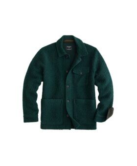 Evergreen bouclé wool chore jacket with patch pockets and button front, flat lay