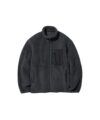 Charcoal grey sherpa fleece jacket with full zip, stand collar and black nylon chest pocket, flat lay