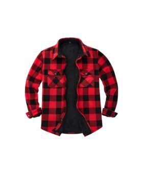 Red and black buffalo plaid fleece shirt jacket with sherpa lining and chest pockets, flat lay