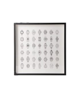 Framed line-drawing print of 42 wristwatches in black and white, black square frame, flat view