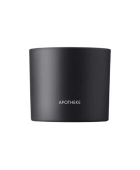 Matte black three-wick candle in a charcoal glass vessel with white logo, product shot
