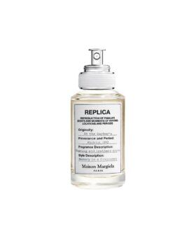 Replica At the Barber's eau de toilette in clear glass bottle with white label and silver cap, product shot