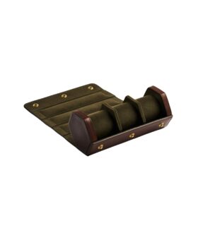 Brown leather triple watch roll with olive green suede lining and brass snaps, shown open