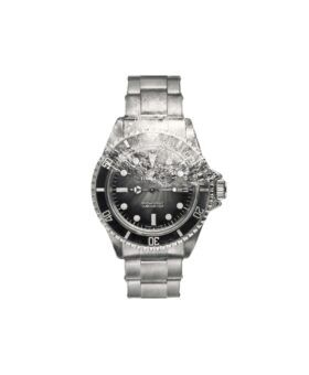 Steel dive watch with black dial and bezel on an oyster bracelet, drawing of a Rolex Submariner