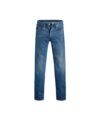 Mid-blue straight leg jeans with button fly and five-pocket styling, flat lay