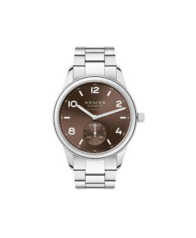 Stainless steel automatic watch with brown sunburst dial and steel bracelet, front product view