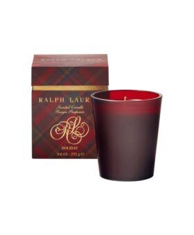 Red frosted glass scented candle with tartan and gold gift box, packaging shot